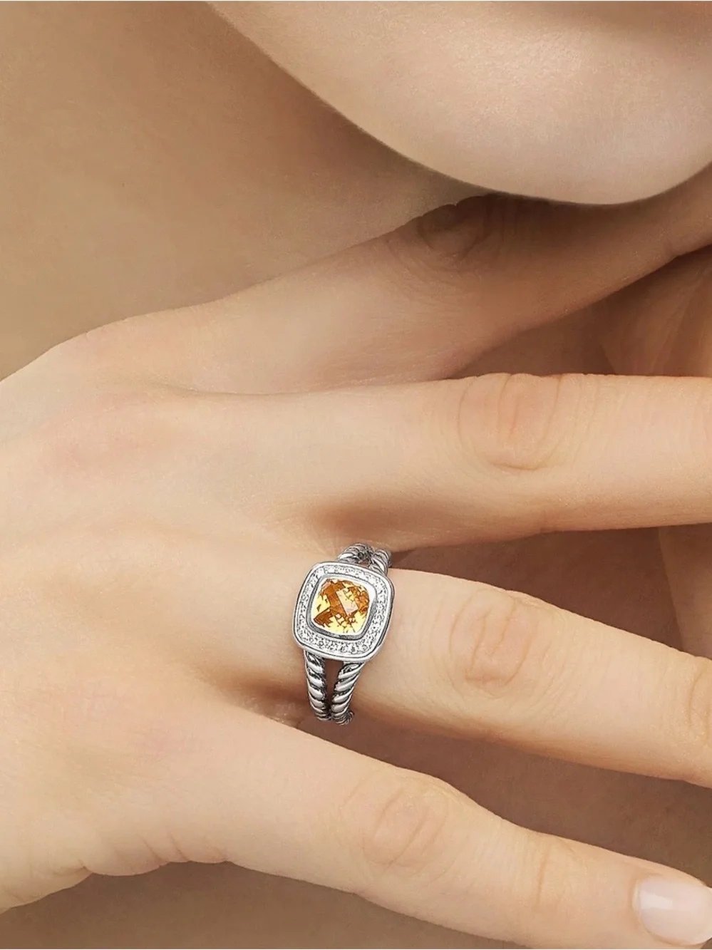 David Yurman Petite Albion Ring with Citrine and Diamonds Size 7